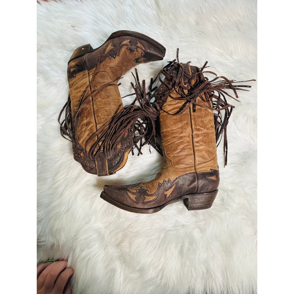 Diamond T Fringe Cowboy Boots Womens 9.5 Brown Leather Studded Western Snip Toe